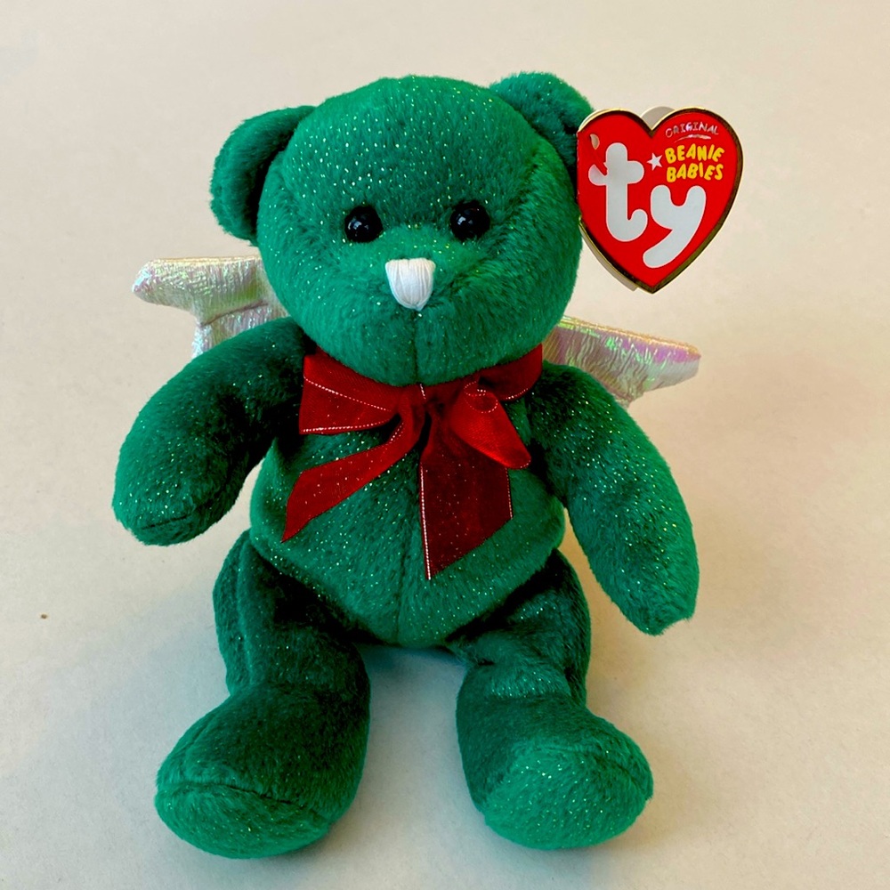TY Beanie Babies Christmas Angel Bear Hark Green Plush. Retired 2007. 40709